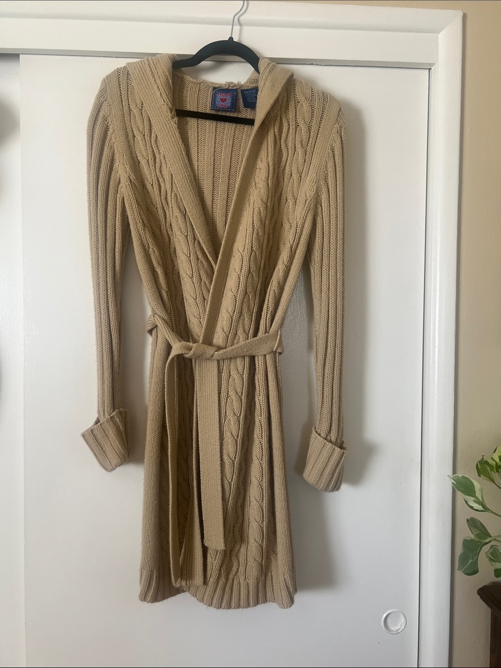 Next Era Beige Hooded Cable-Knit Belted Cardigan